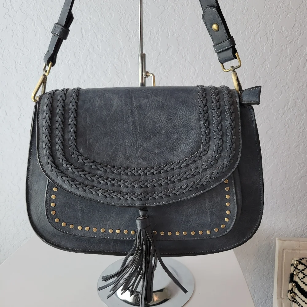 Antik Kraft Gray/ Blue Western Studded Saddle Bag Purse